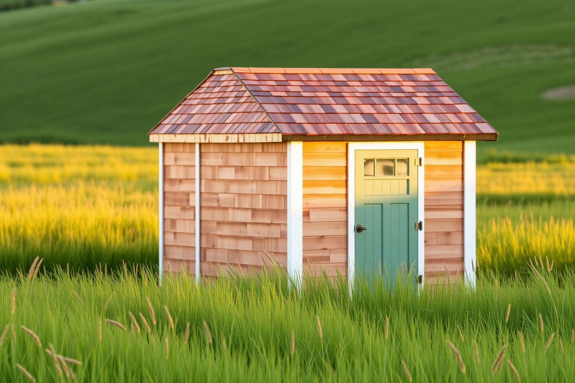 Cedar shed in a sunlit meadow